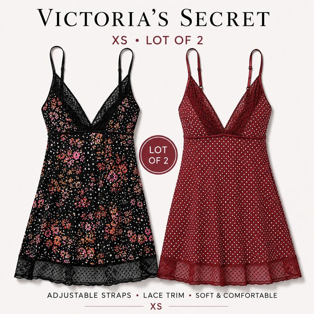 Victoria’s Secret XS Lingerie Slip Nightgown Lot of 2 Lace Floral Polka Dot